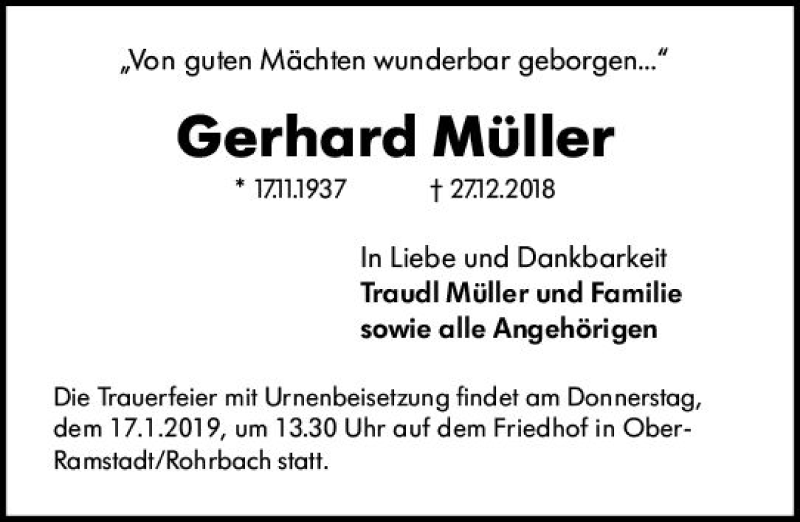  Traueranzeige für Gerhard Müller vom 12.01.2019 aus vrm-trauer