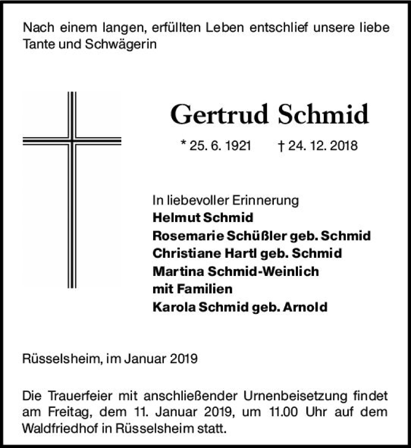  Traueranzeige für Gertrud Schmid vom 05.01.2019 aus vrm-trauer