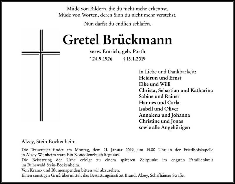  Traueranzeige für Gretel Brückmann vom 16.01.2019 aus vrm-trauer