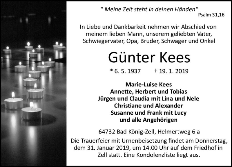  Traueranzeige für Günter Kees vom 26.01.2019 aus vrm-trauer