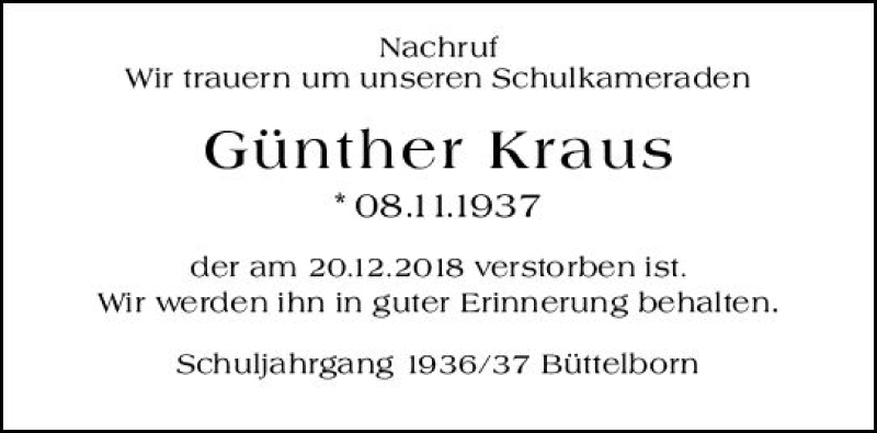  Traueranzeige für Günther Kraus vom 09.01.2019 aus vrm-trauer