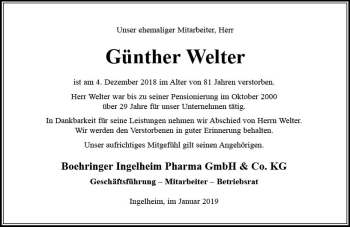 Traueranzeige von Günther Welter von vrm-trauer