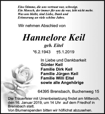 Traueranzeige von Hannelore Keil von vrm-trauer