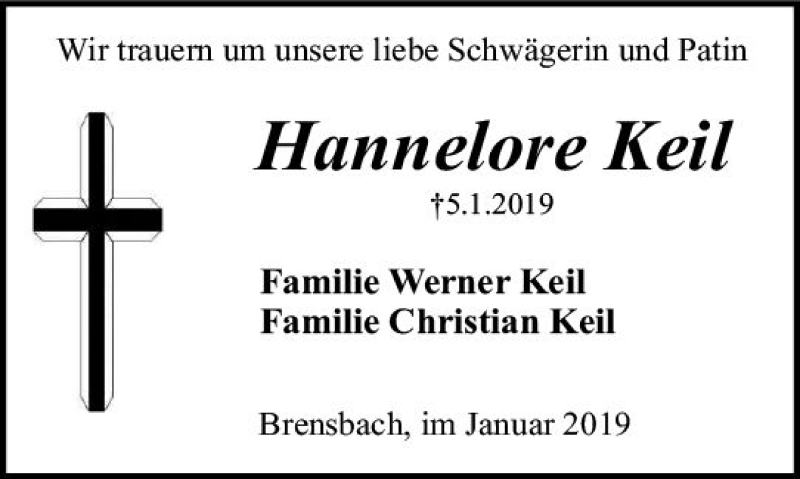  Traueranzeige für Hannelore Keil vom 12.01.2019 aus vrm-trauer