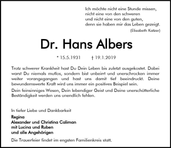 Traueranzeige von Hans Albers von vrm-trauer
