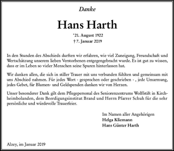 Traueranzeige von Hans Harth von vrm-trauer