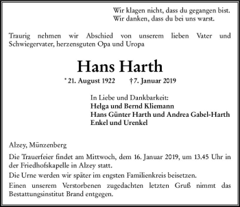 Traueranzeige von Hans Harth von vrm-trauer