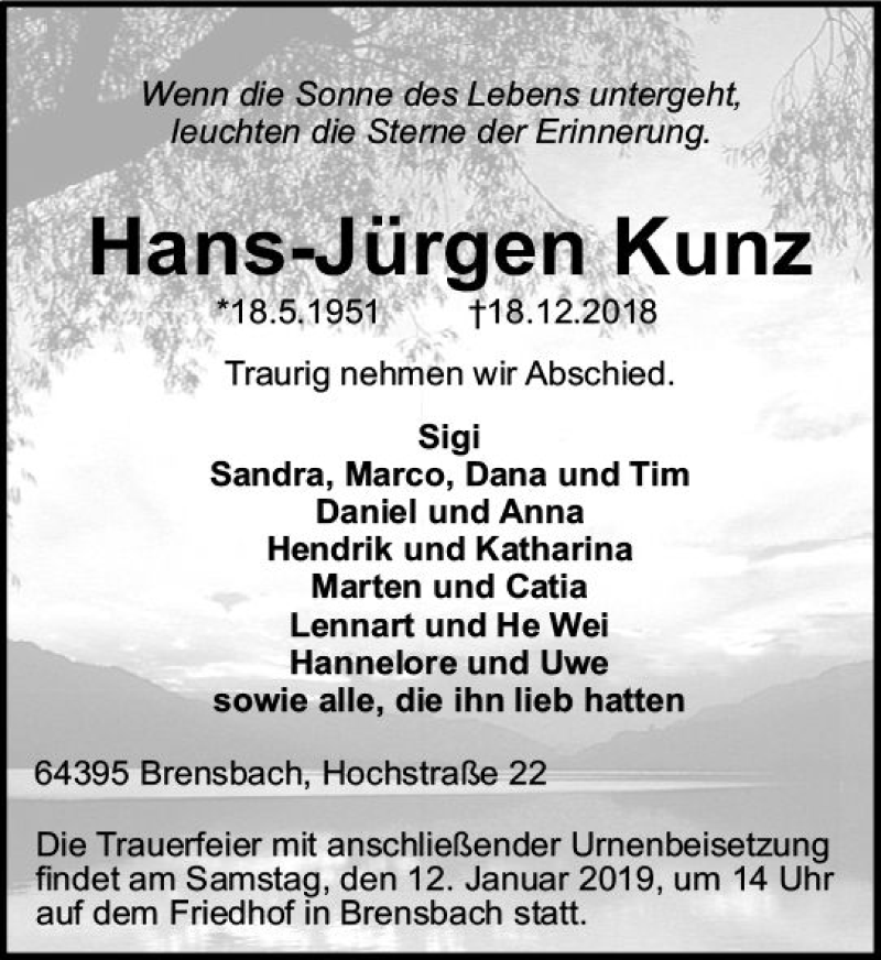  Traueranzeige für Hans-Jürgen Kunz vom 05.01.2019 aus vrm-trauer
