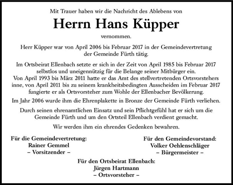  Traueranzeige für Hans Küpper vom 09.01.2019 aus vrm-trauer