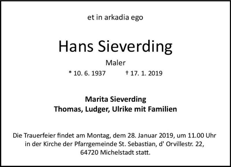  Traueranzeige für Hans Sieverding vom 23.01.2019 aus vrm-trauer