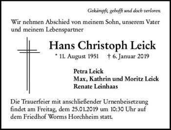 Traueranzeige von Hans Christoph Leick von vrm-trauer