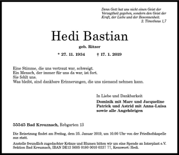 Traueranzeige von Hedi Bastian von vrm-trauer