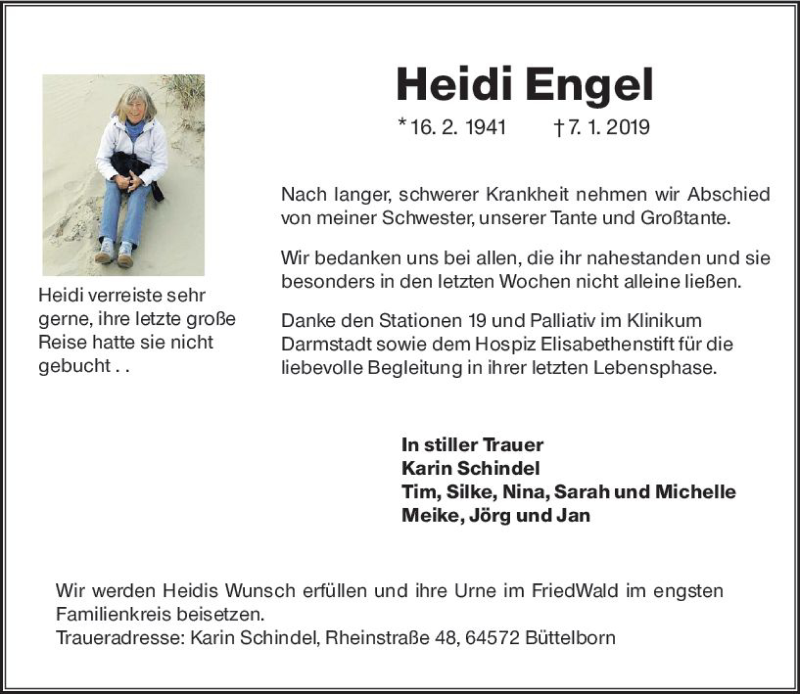  Traueranzeige für Heidi Engel vom 26.01.2019 aus vrm-trauer