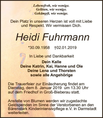 Traueranzeige von Heidi Fuhrmann von vrm-trauer