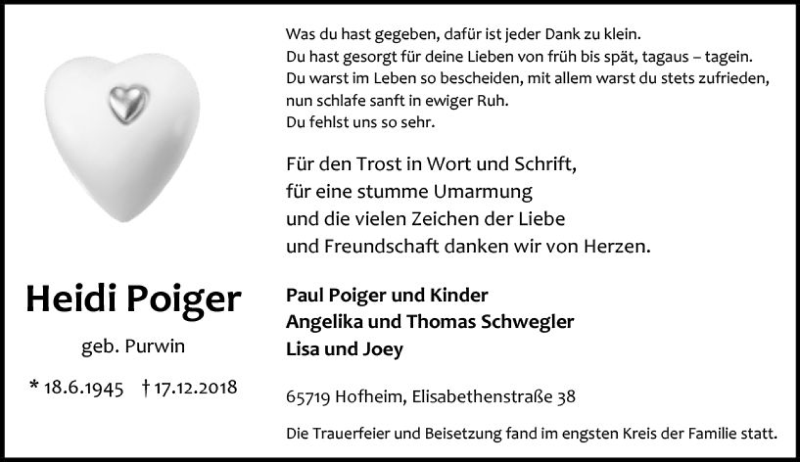 Traueranzeige für Heidi Poiger vom 11.01.2019 aus vrm-trauer