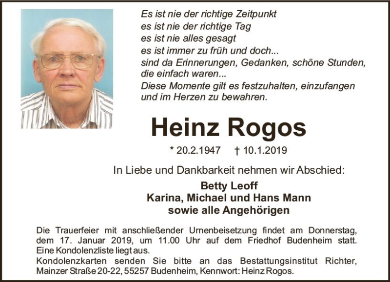  Traueranzeige für Heinz Rogos vom 15.01.2019 aus vrm-trauer