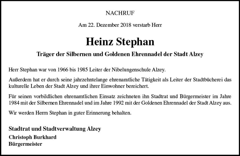  Traueranzeige für Heinz Stephan vom 04.01.2019 aus vrm-trauer