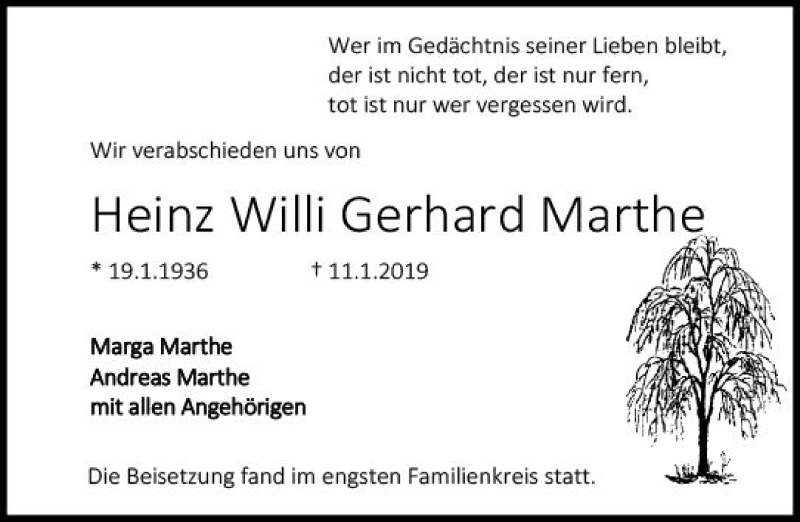  Traueranzeige für Heinz Willi Gerhard Marthe vom 26.01.2019 aus vrm-trauer