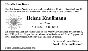 Traueranzeige von Helene Knußmann von vrm-trauer