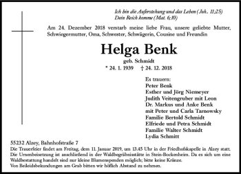 Traueranzeige von Helga Benk von vrm-trauer