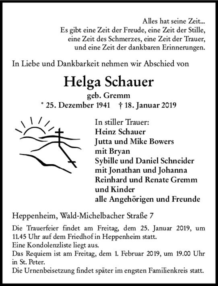  Traueranzeige für Helga Schauer vom 22.01.2019 aus vrm-trauer