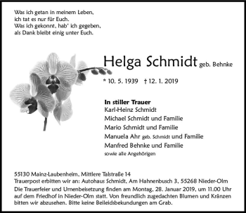 Traueranzeige von Helga Schmidt von vrm-trauer