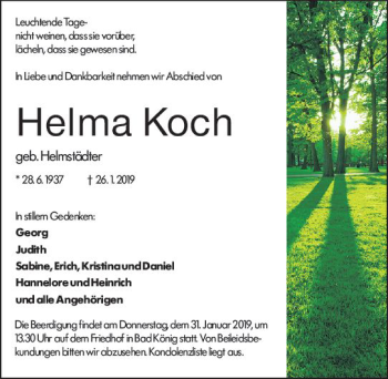 Traueranzeige von Helma Koch von vrm-trauer