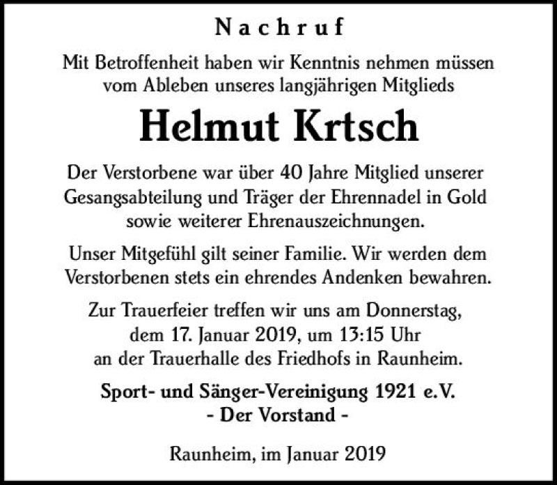  Traueranzeige für Helmut Krtsch vom 16.01.2019 aus vrm-trauer