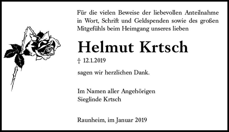  Traueranzeige für Helmut Krtsch vom 26.01.2019 aus vrm-trauer