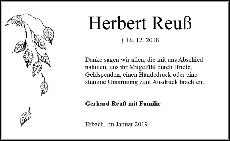  Traueranzeige für Herbert Reuß vom 26.01.2019 aus vrm-trauer