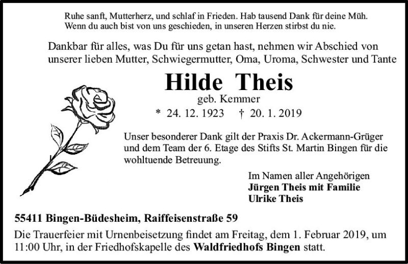  Traueranzeige für Hilde Theis vom 25.01.2019 aus vrm-trauer