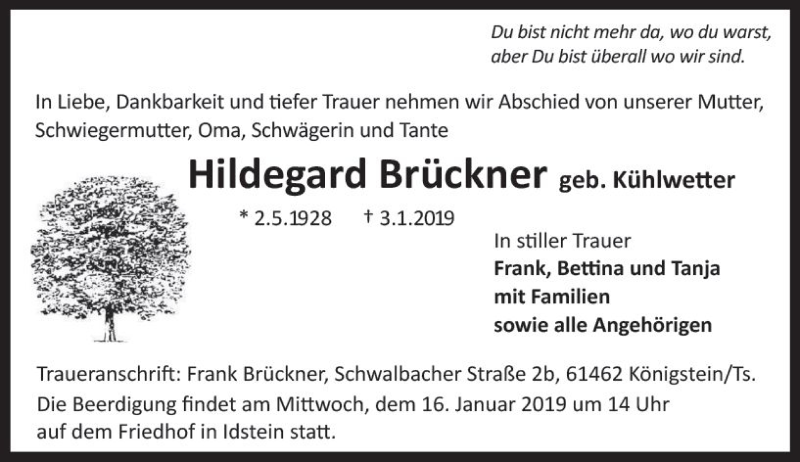  Traueranzeige für Hildegard Brückner vom 12.01.2019 aus vrm-trauer