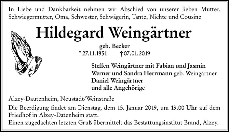  Traueranzeige für Hildegard Weingärtner vom 09.01.2019 aus vrm-trauer