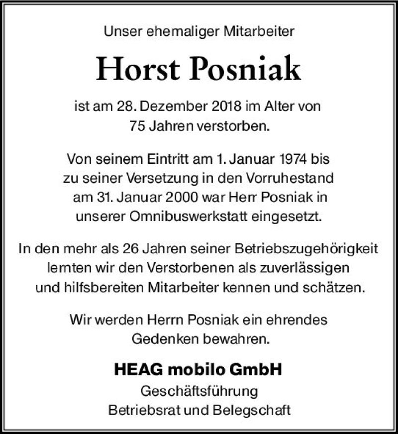  Traueranzeige für Horst Posniak vom 17.01.2019 aus vrm-trauer