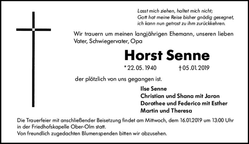  Traueranzeige für Horst Senne vom 12.01.2019 aus vrm-trauer
