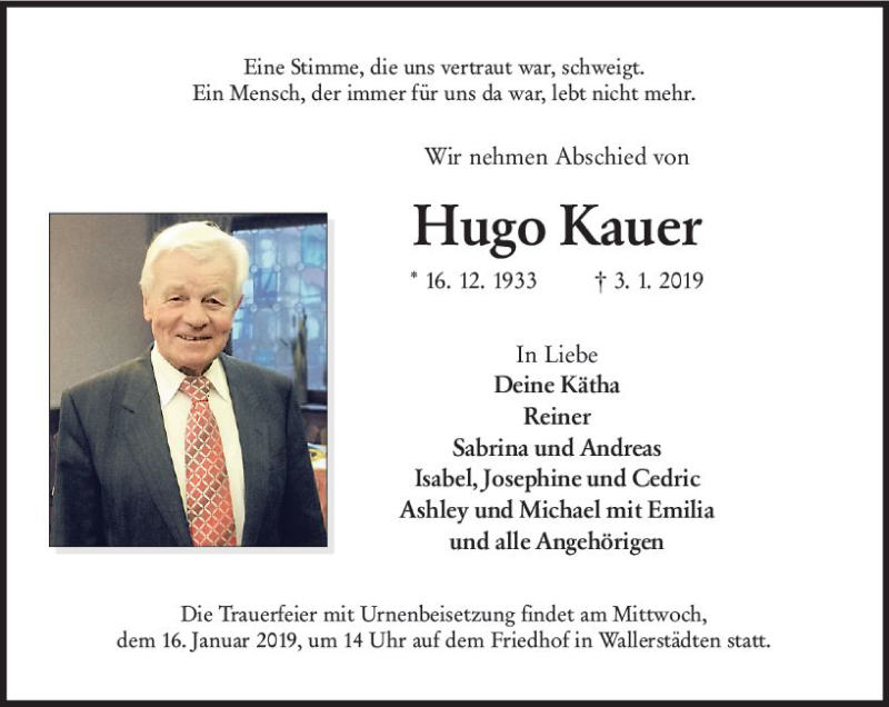  Traueranzeige für Hugo Kauer vom 12.01.2019 aus vrm-trauer