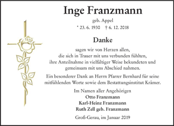 Traueranzeige von Inge Franzmann von vrm-trauer