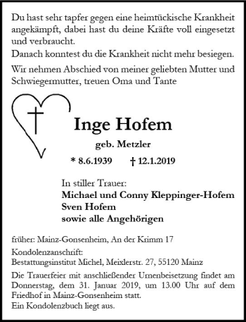 Traueranzeige von Inge Hofem von vrm-trauer