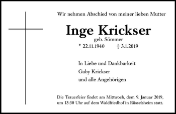 Traueranzeige von Inge Krickser von vrm-trauer