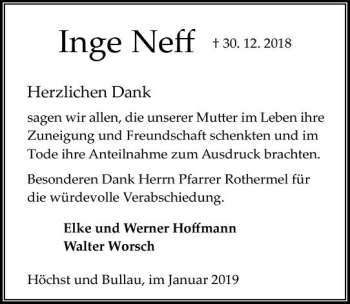 Traueranzeige von Inge Neff von vrm-trauer