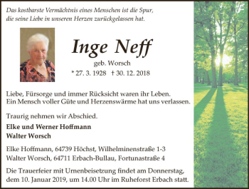 Traueranzeige von Inge Neff von vrm-trauer