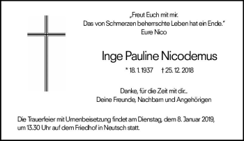 Traueranzeige von Inge Pauline Nicodemus von vrm-trauer