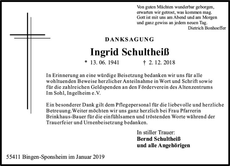  Traueranzeige für Ingrid Schultheiß vom 12.01.2019 aus vrm-trauer