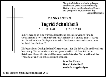 Traueranzeige von Ingrid Schultheiß von vrm-trauer