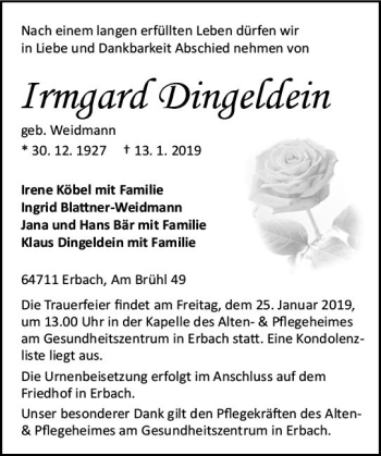 Traueranzeige von Irmgard Dingeldein von vrm-trauer