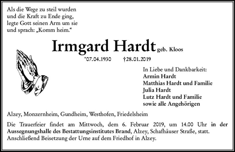  Traueranzeige für Irmgard Hardt vom 30.01.2019 aus vrm-trauer