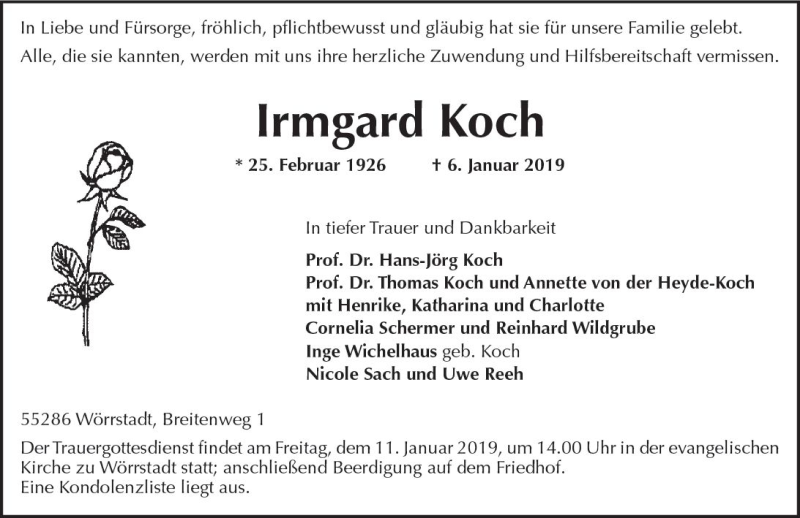  Traueranzeige für Irmgard Koch vom 09.01.2019 aus vrm-trauer