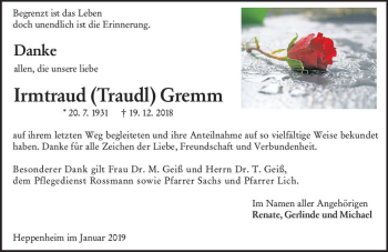 Traueranzeige von Irmtraud Traudl Gremm von vrm-trauer