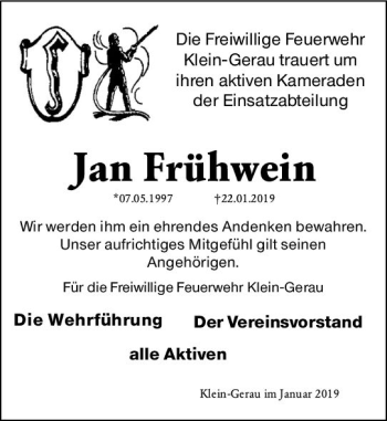 Traueranzeige von Jan Frühwein von vrm-trauer