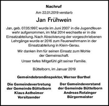 Traueranzeige von Jan Frühwein von vrm-trauer